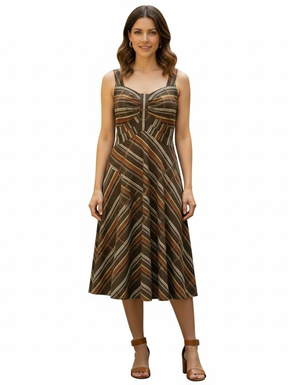 NWT Nine West Plaid Midi Dress Chevron Earthy Boho Size 16